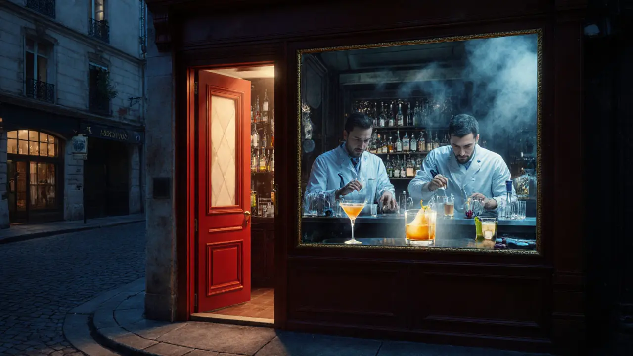 A glowing red door leads to a secret cocktail lab where bartenders use pipettes to craft drinks.