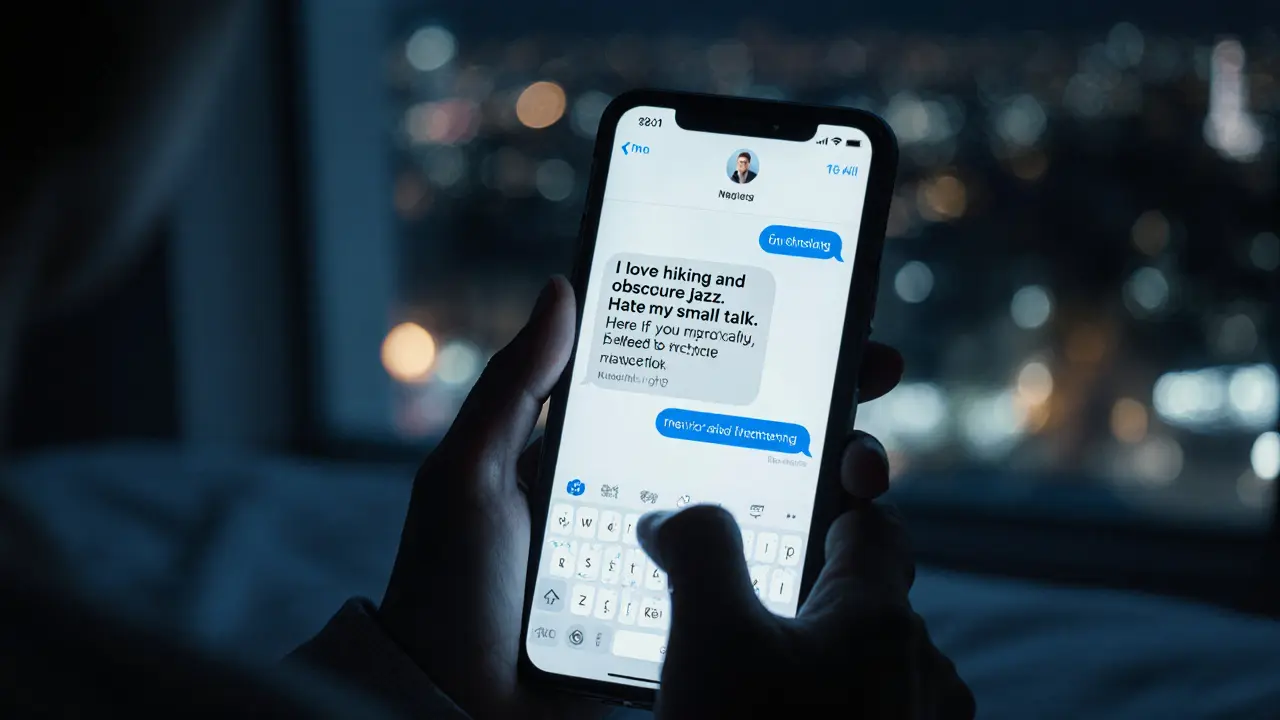 A hand types a personal escort profile on a phone, words like &#039;hate small talk&#039; glowing in the dark room.