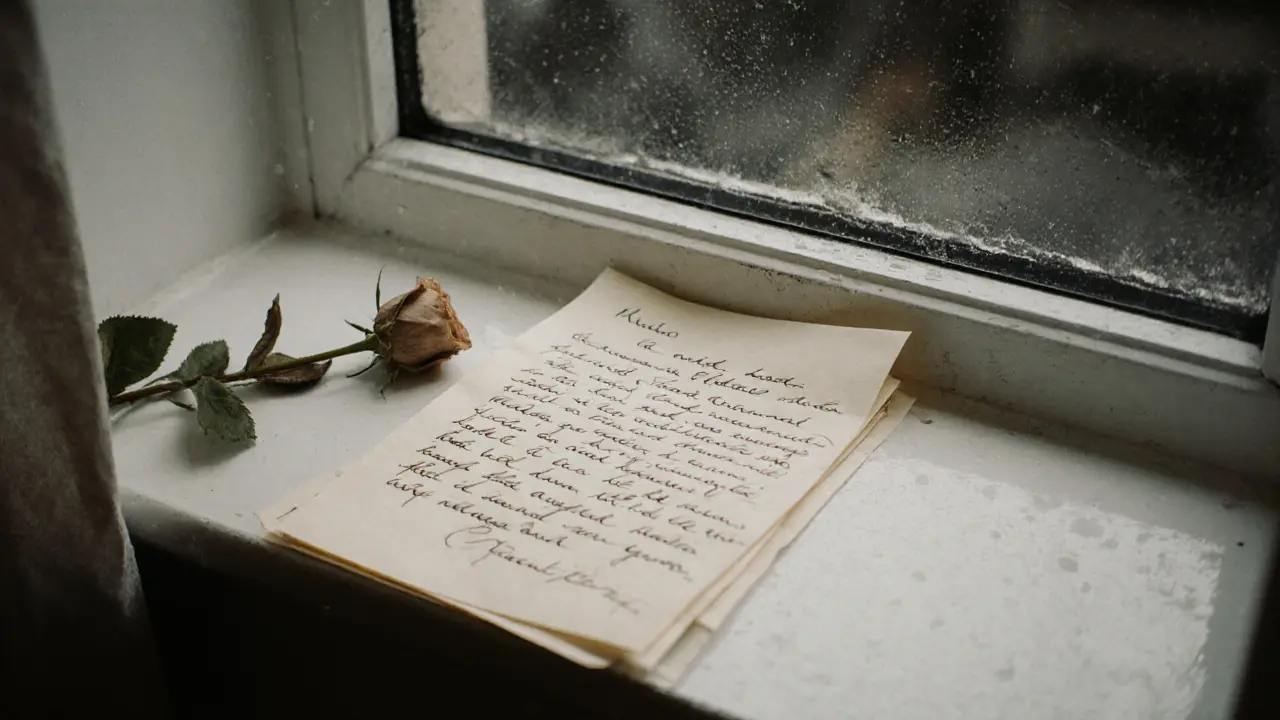 A handwritten letter and dried rose on a rainy windowsill in a quiet London flat.