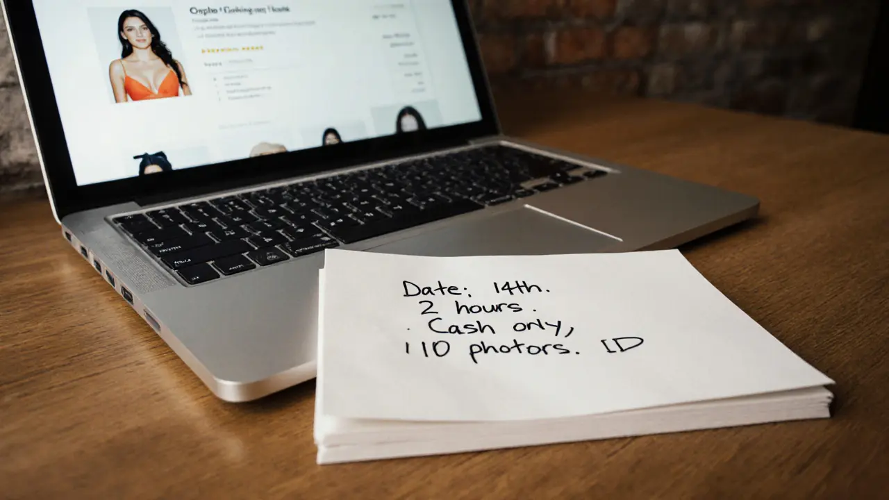 A handwritten note and computer screen showing a plain escort profile with clear rules and pricing.