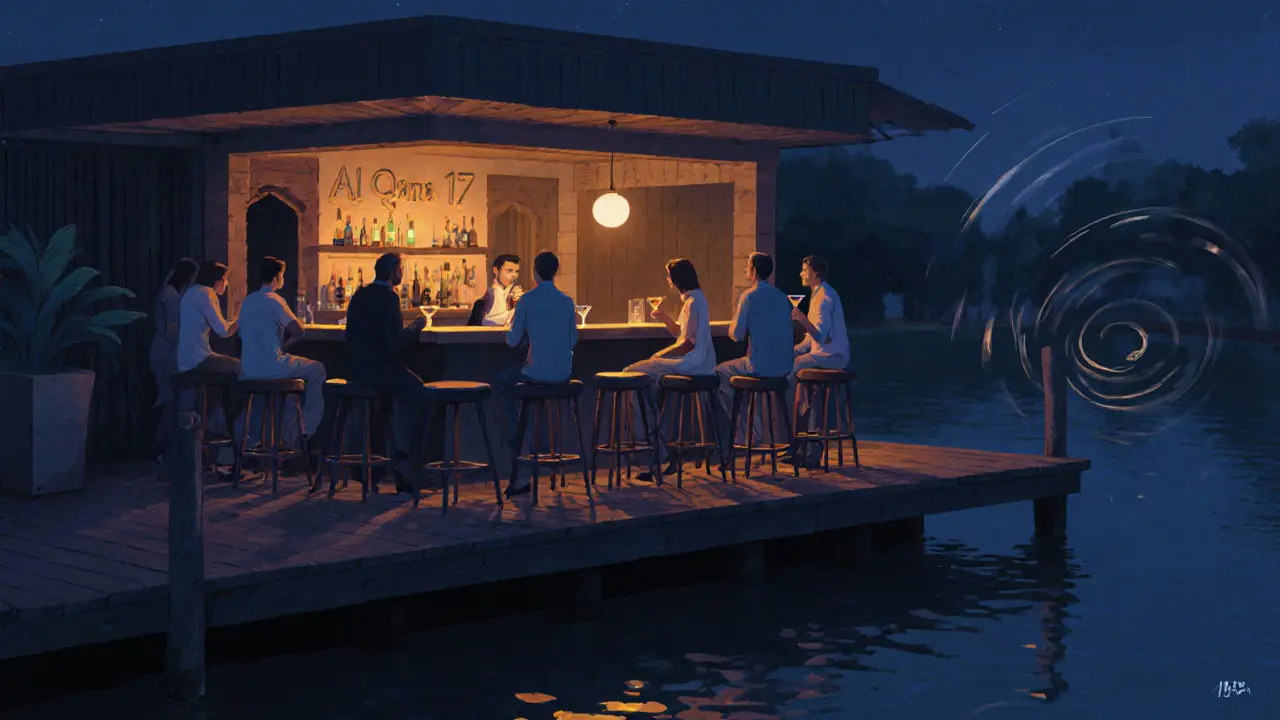 A hidden bar on a canal deck at night, with locals sipping drinks in soft ambient light.