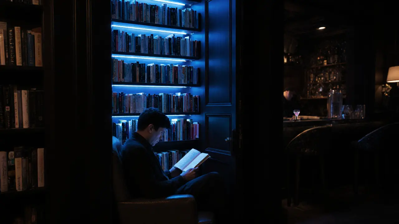 A hidden bookstore bar with shelves of rare books and a reader immersed in a novel.