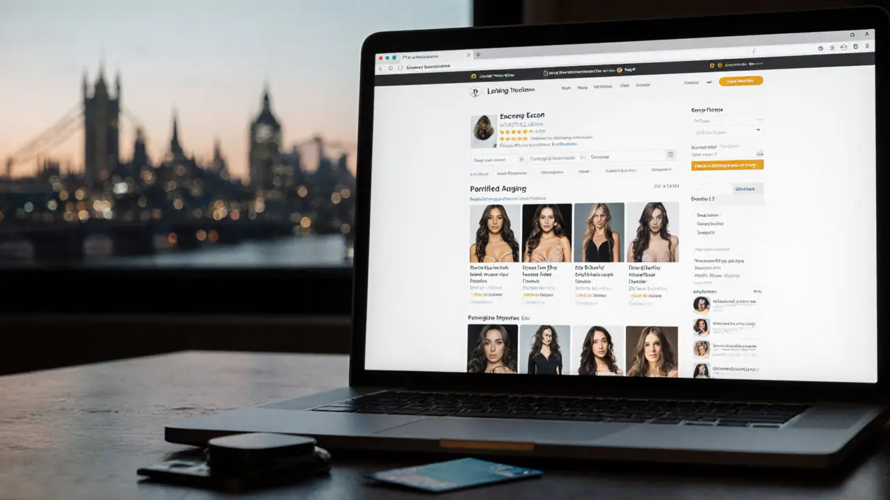 A laptop displaying a verified escort directory with a burner phone and prepaid card nearby.
