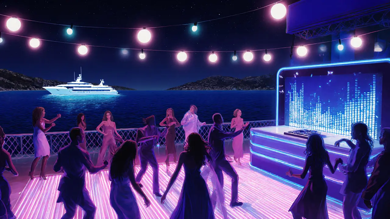A lively beach club at night with dancers under neon lights and yachts glowing on the sea.