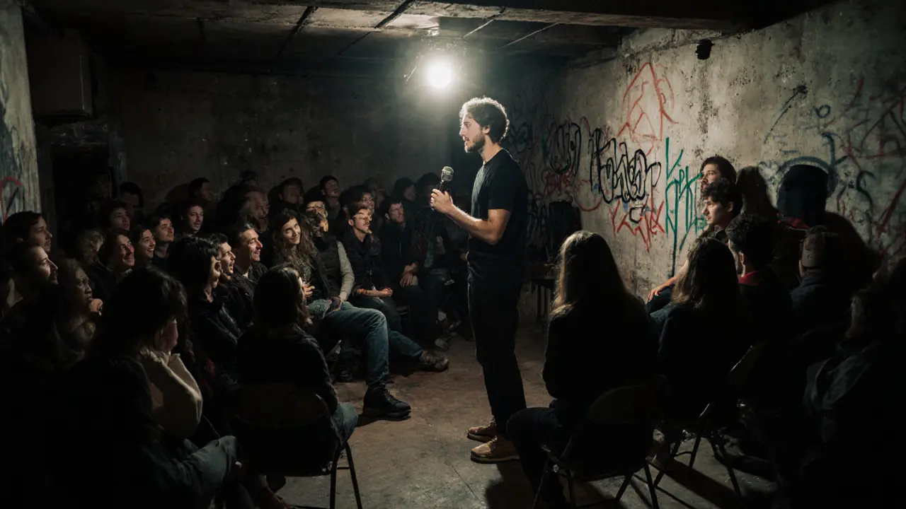 A lone comic under a spotlight in a dim basement club, audience captivated by a bold joke.