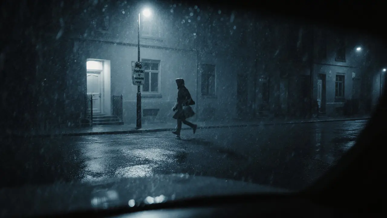 A lone woman walking away from a residential building on a rainy London night, unseen and anonymous.