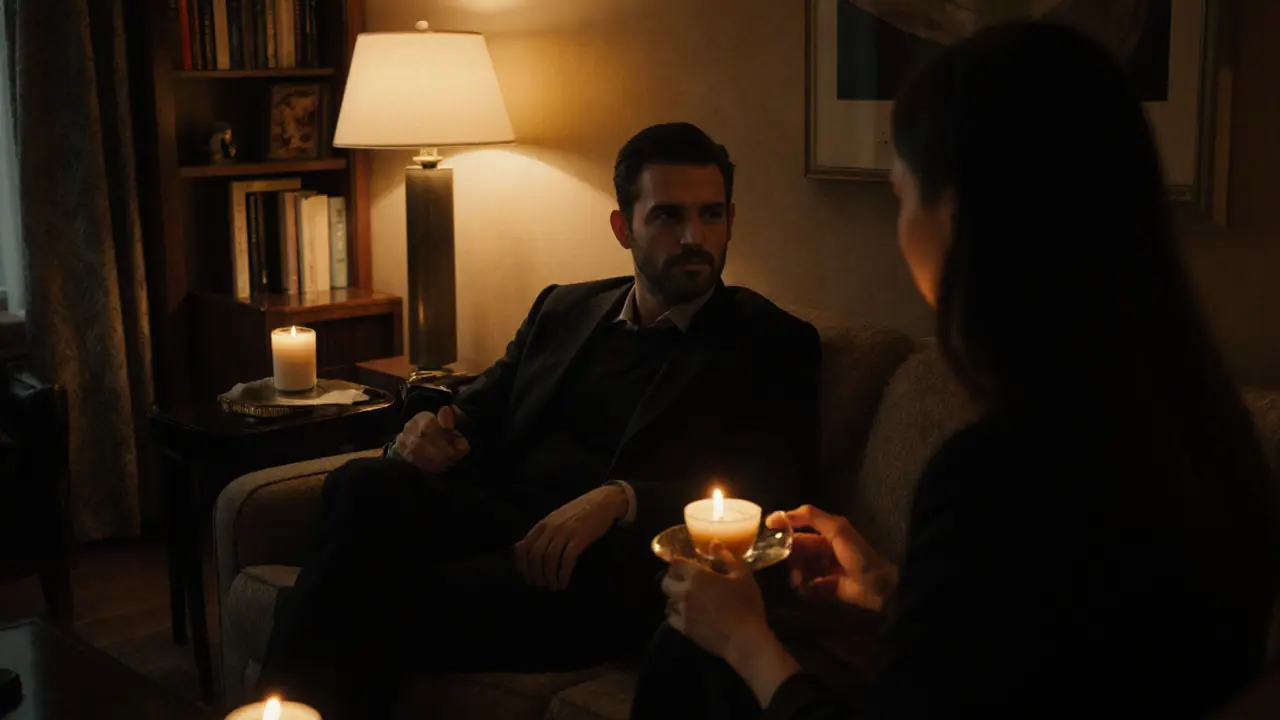 A man and woman engage in calm conversation over tea in a cozy hotel room, phone out of sight.