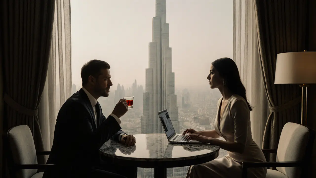 A man and woman share a quiet tea in a luxurious hotel room with a view of Burj Khalifa, engaged in respectful conversation.