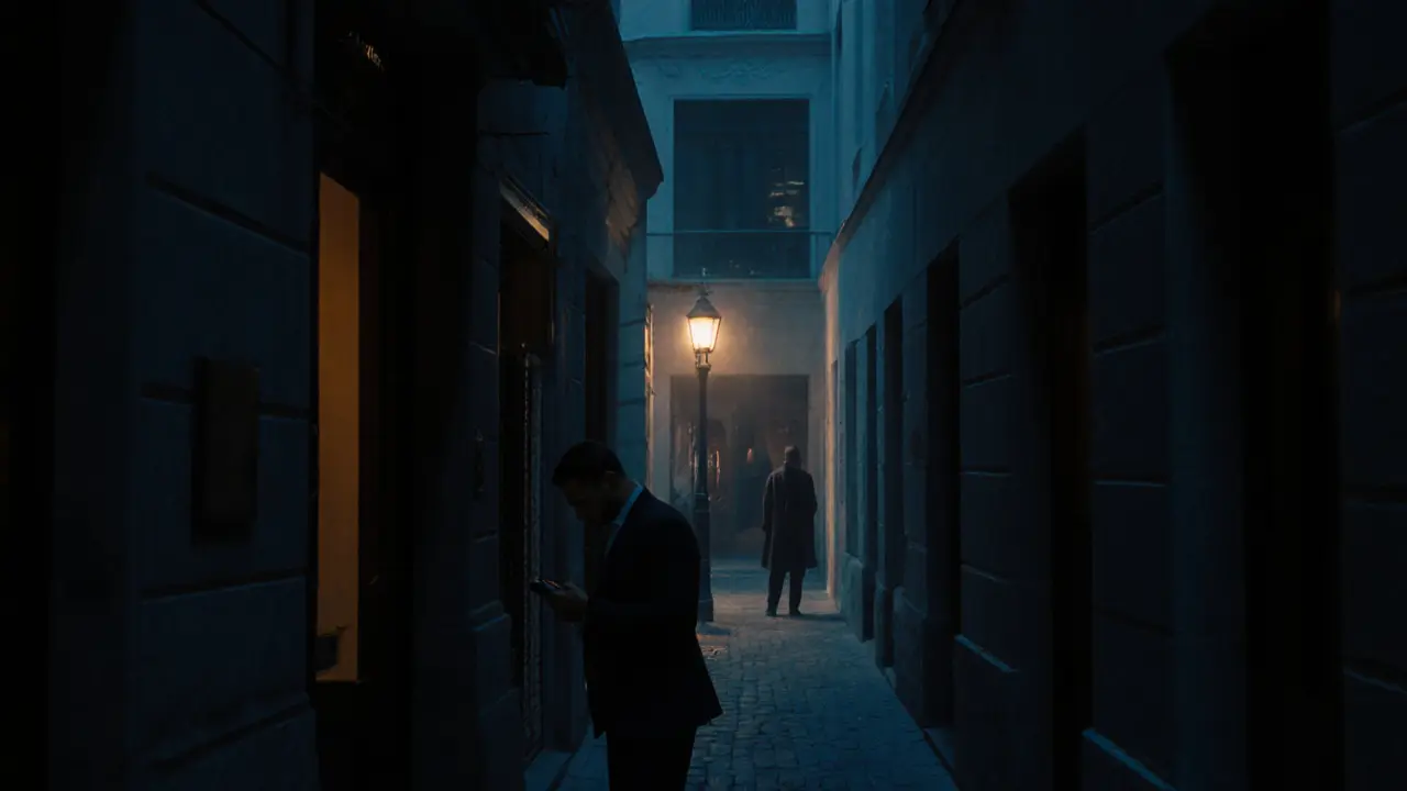 A man hesitating in a dim alley behind a luxury hotel, a distant figure under a flickering lamp.