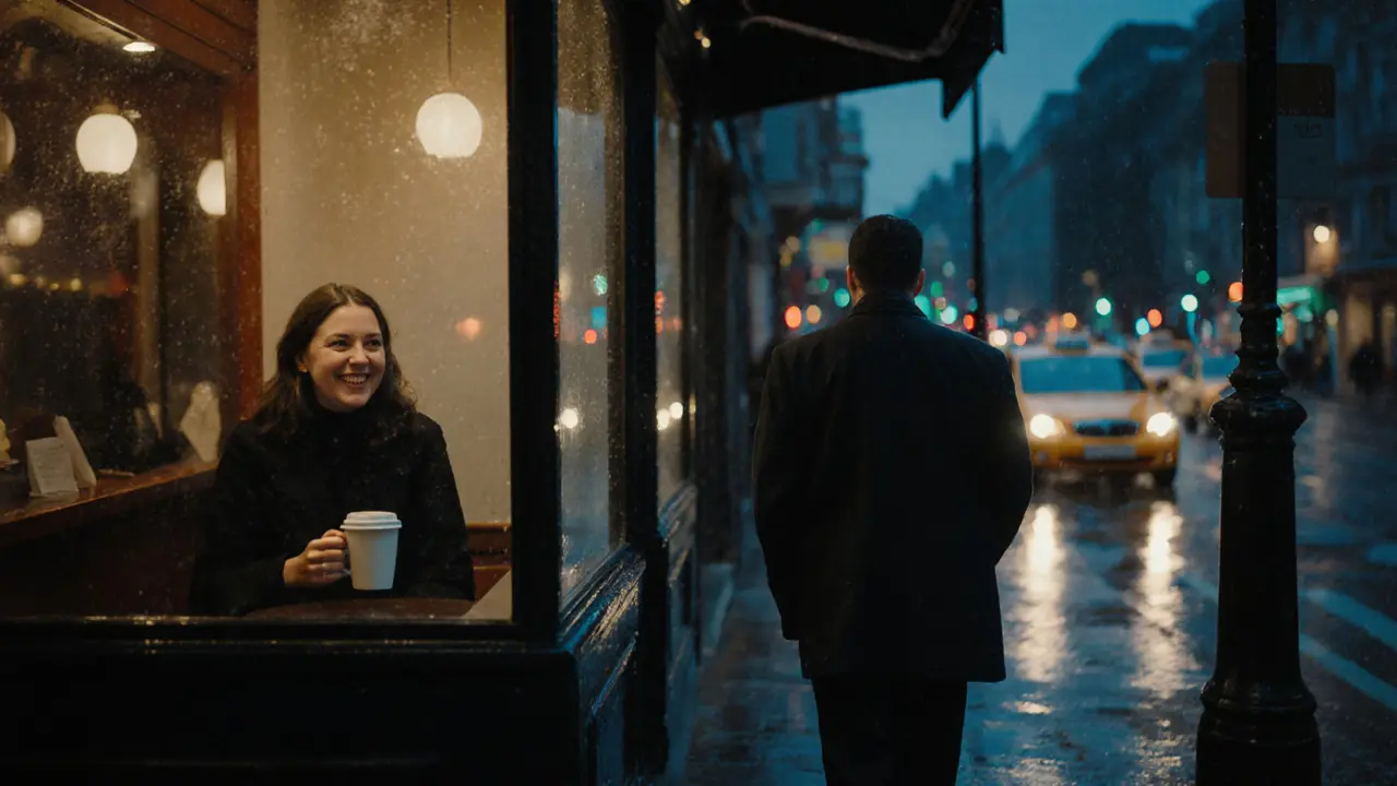 A man walking away from a café where a woman sits inside on a rainy London night.