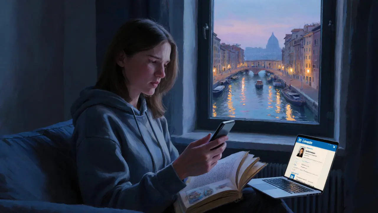 A modern Milan escort in a cozy apartment, smiling at her phone with art book and Navigli lights outside.