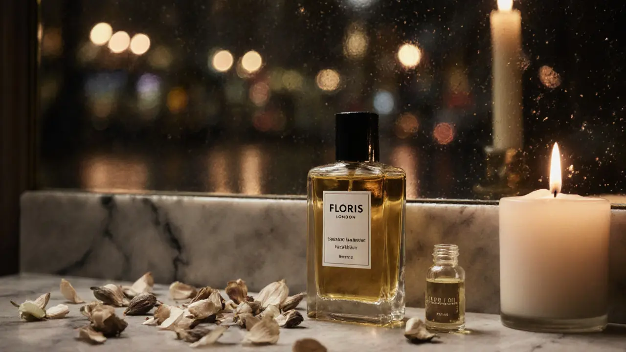A personalized perfume bottle with jasmine petals and bergamot oil on a marble vanity in soft candlelight.