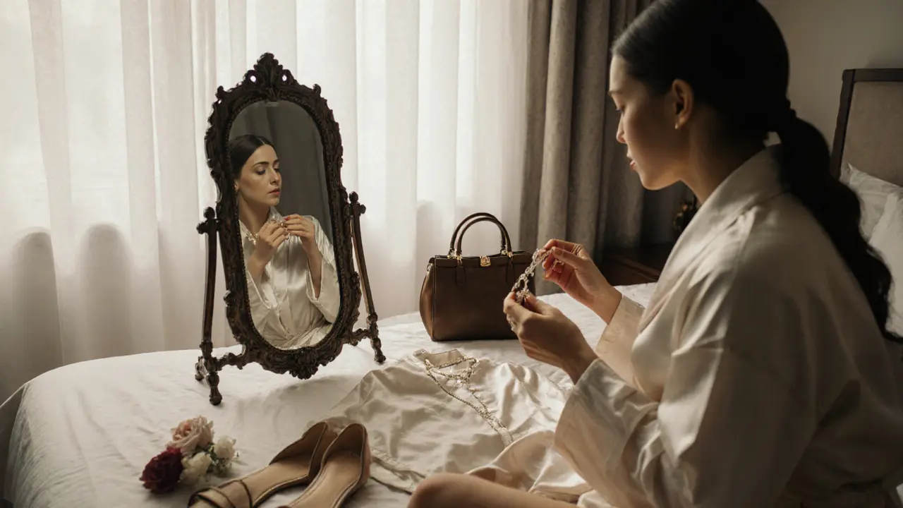 A professional escort preparing for an event, selecting jewelry in front of a mirror with soft morning light.