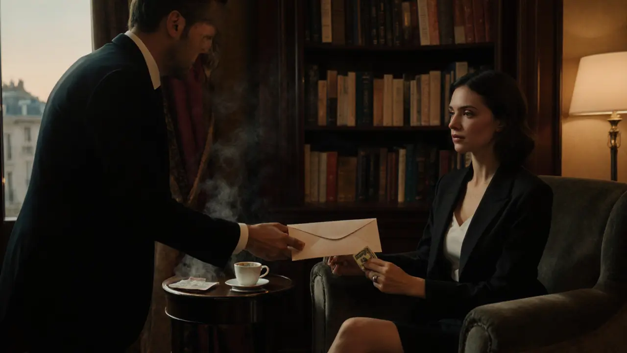 A professional exchange in a Paris hotel room: a man hands cash to a poised woman, books and coffee visible, atmosphere dignified and neutral.