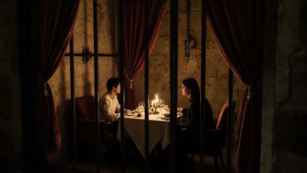 A romantic dinner in a converted prison cell with velvet curtains, candles, and rich food under moody light.