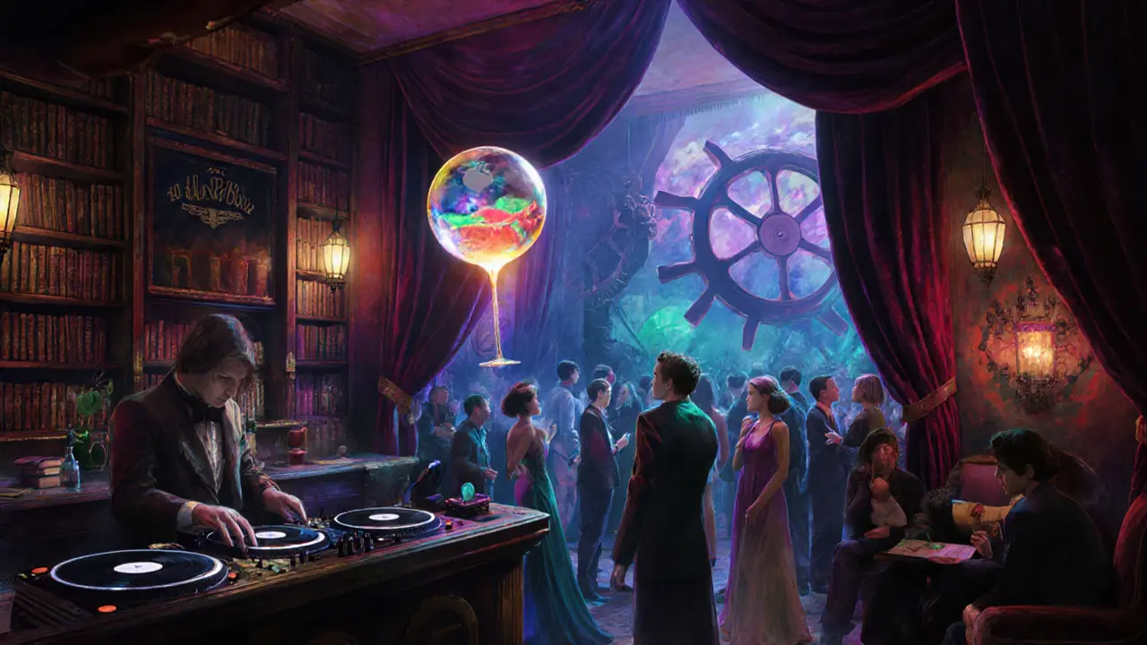 A surreal underground lounge with velvet drapes, floating lights, and eclectic patrons in a dreamlike Parisian hideout.