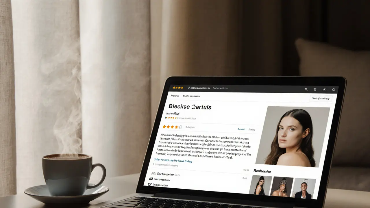 A verified escort profile on a laptop with authentic reviews and clear photos, natural light in a quiet apartment.