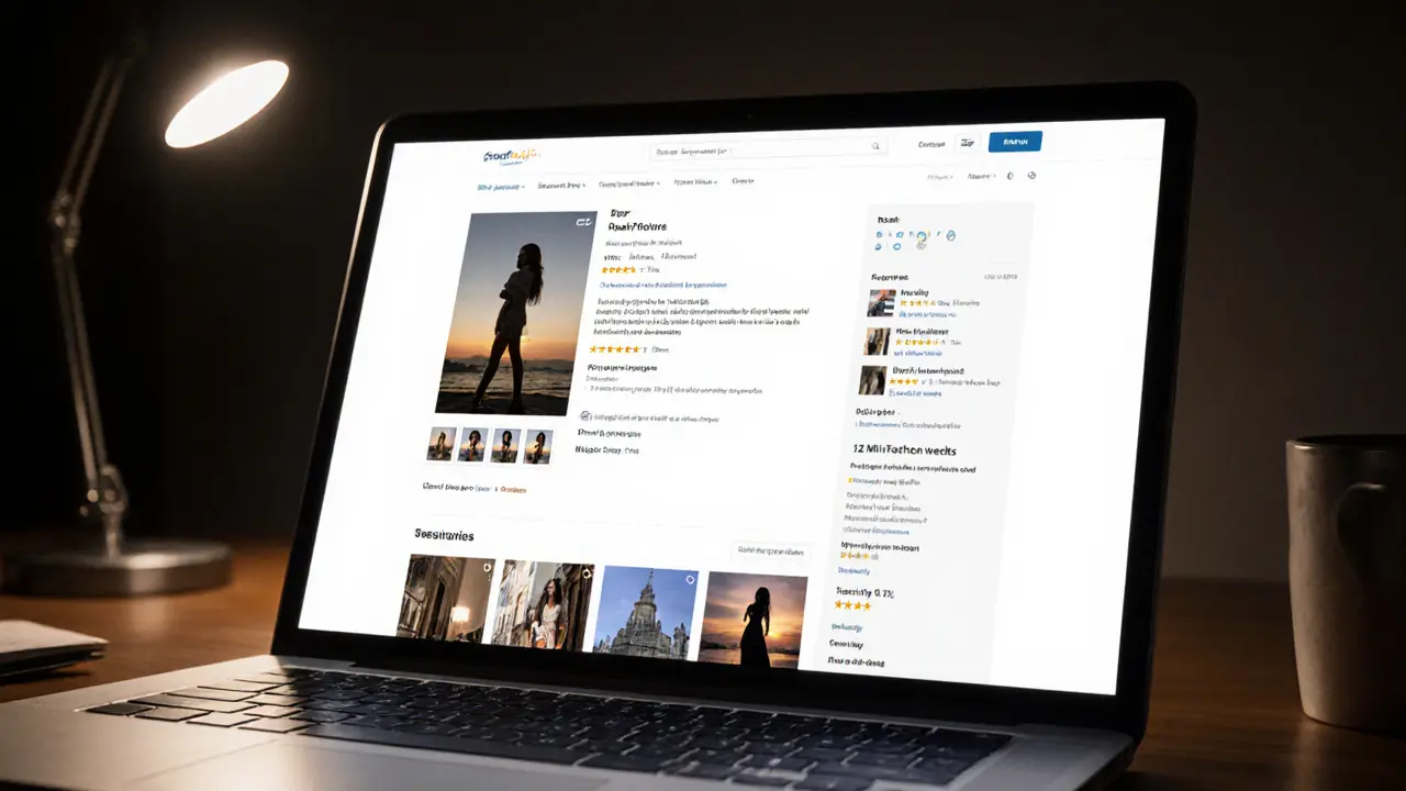 A verified escort profile with real photos and detailed service descriptions on a laptop screen.