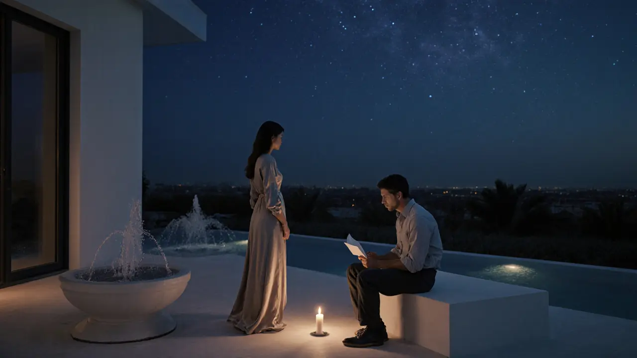 A woman and man on a private villa terrace at twilight, sharing a peaceful, wordless moment under the stars.