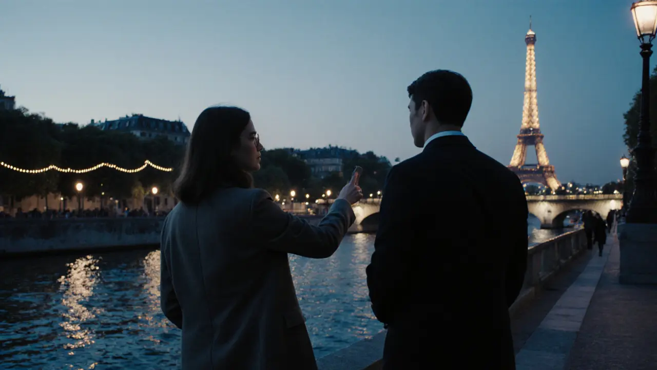A woman pointing out a hidden courtyard along the Seine at dusk, man listening attentively.