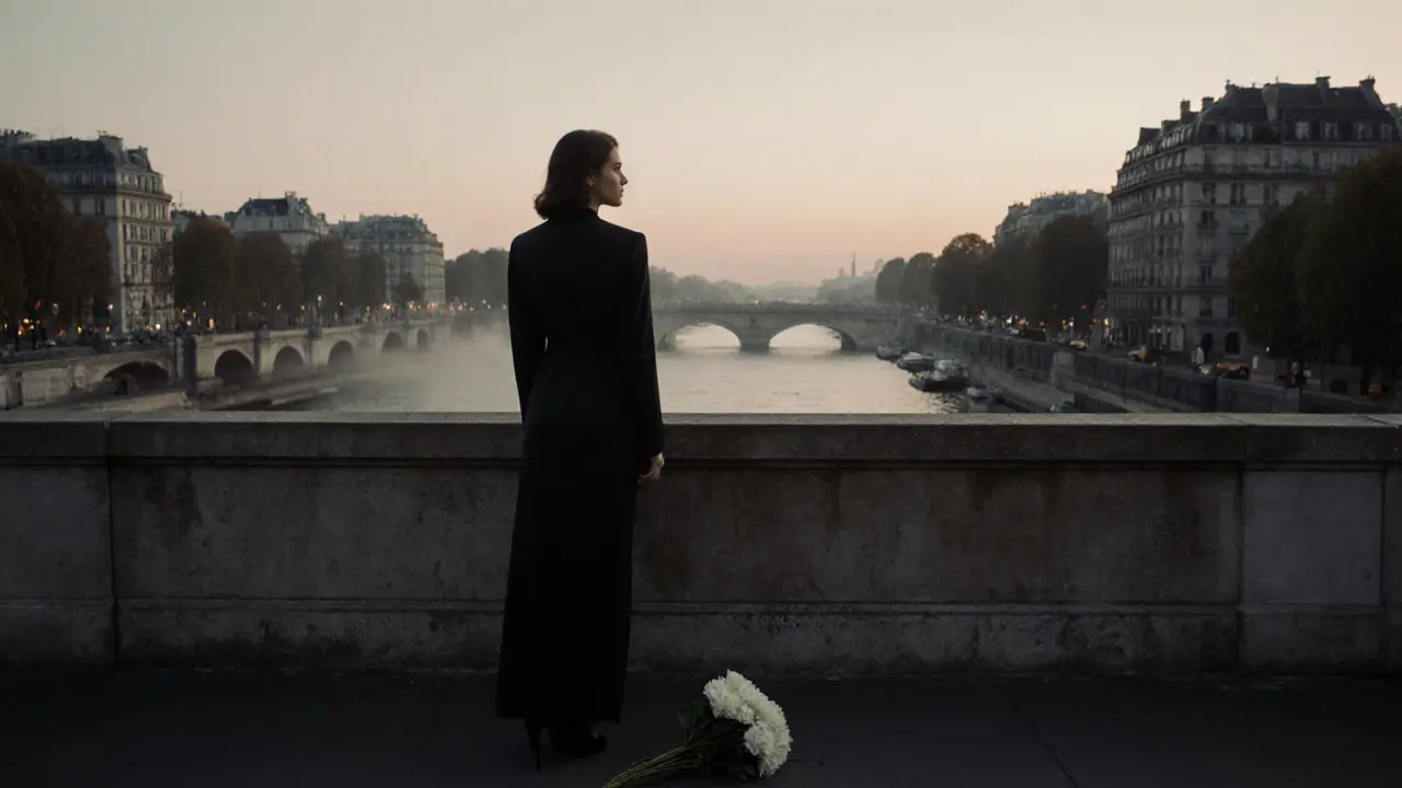 A woman stands alone on a Paris bridge at dawn, a returned bouquet lying untouched on the pavement behind her.