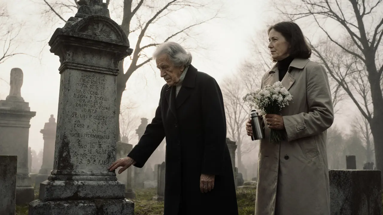 A woman stands respectfully at a gravesite in Père Lachaise Cemetery, accompanied by a compassionate companion in the morning mist.