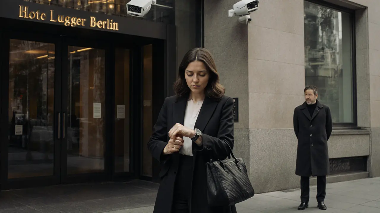 A woman waiting confidently outside a Berlin hotel lobby, meeting a client in a public, secure location.