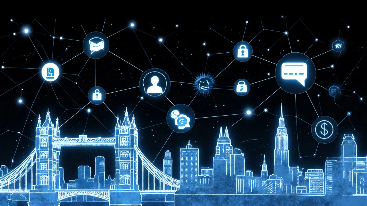 Abstract digital artwork showing London skyline connected by glowing threads of technology and safety tools.