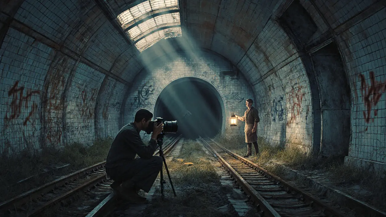An abandoned Paris Métro station with graffiti-covered walls and a photographer capturing the eerie light.