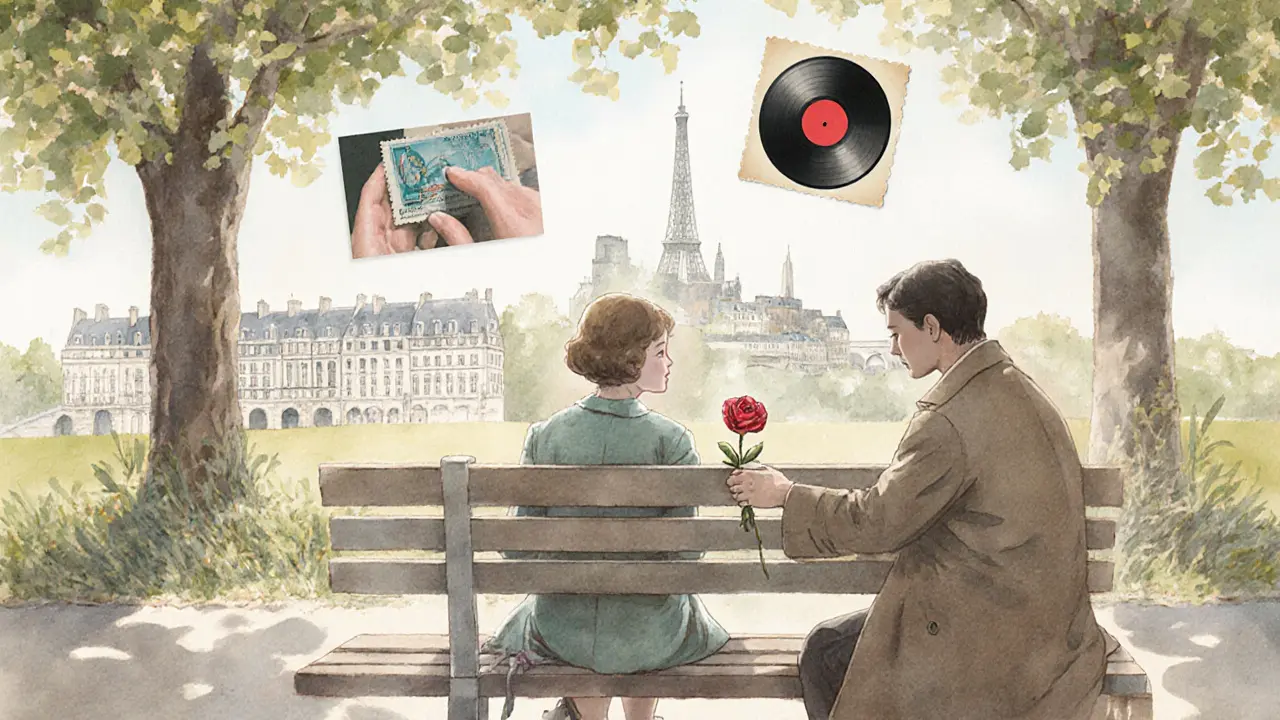 An elderly woman sits on a garden bench as a man places a rose and vintage postcard beside her.