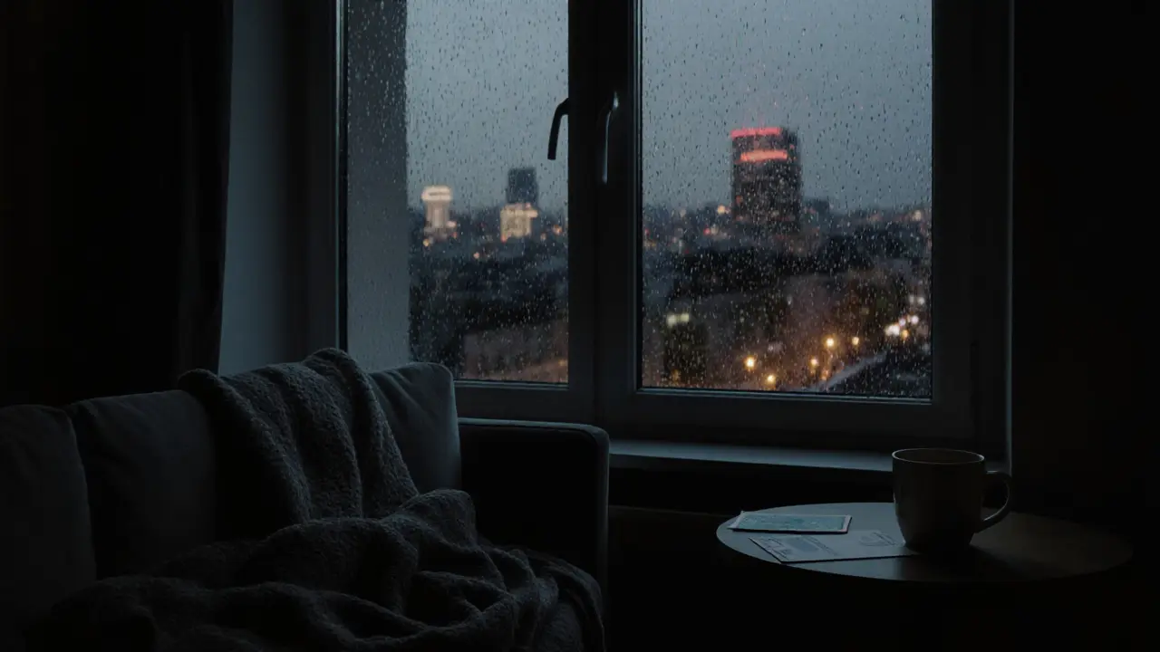 An empty Berlin apartment window at night, rain on the glass, a postcard and coffee cup left behind.