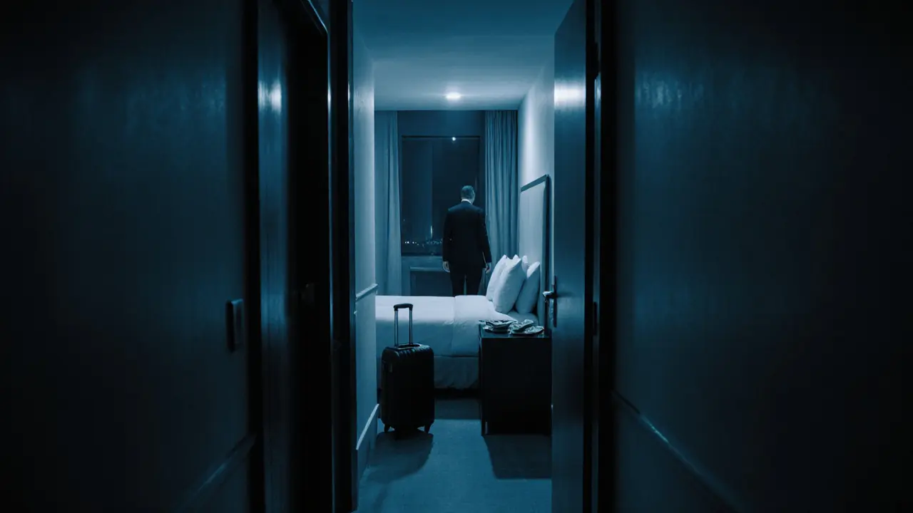 An empty hotel hallway at night with cash on a nightstand and a figure walking away.