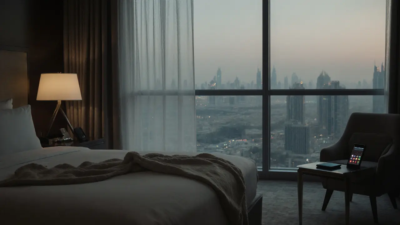 An empty hotel room at dawn with a burner phone and linen scarf, exuding discretion and calm.