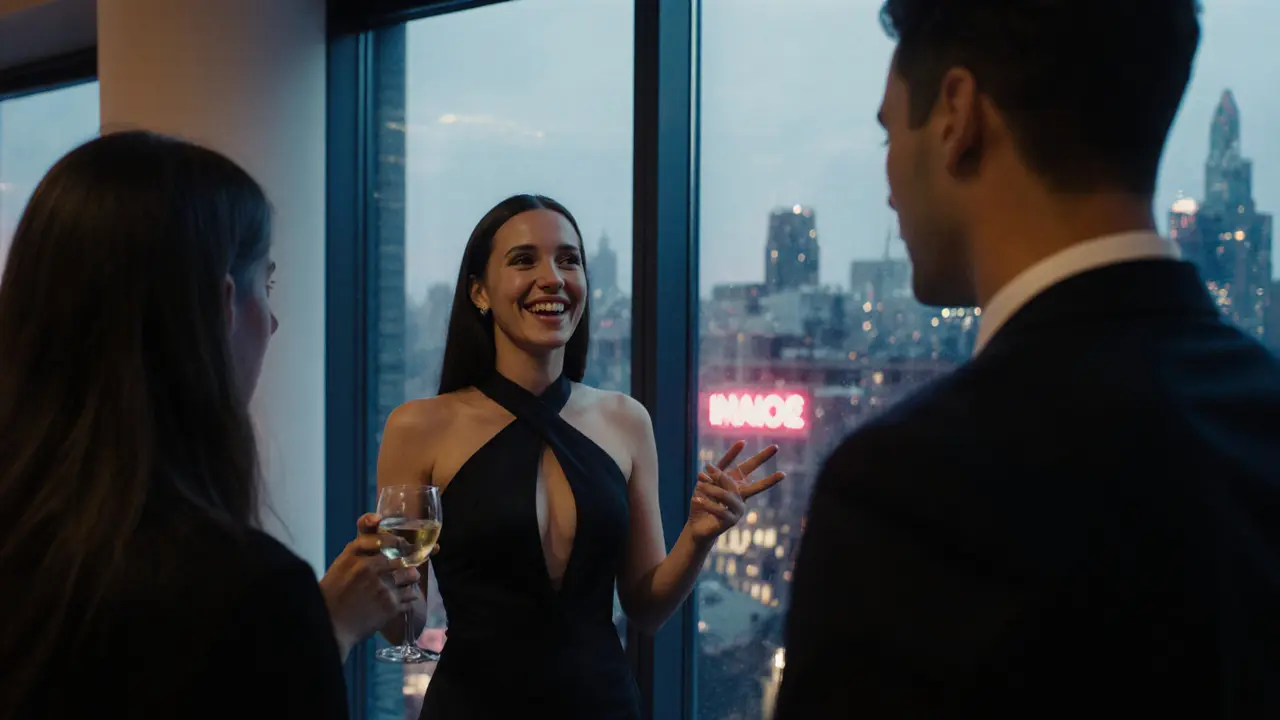 An escort conversing with guests at a modern London after-party, city lights visible through large windows.