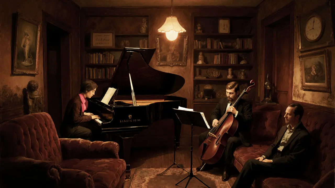 An intimate jazz club with velvet couches, a grand piano, and a lone listener lost in live music.