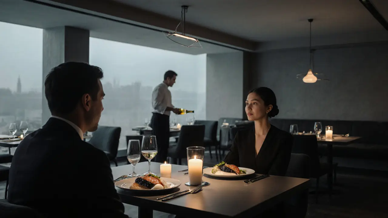 An intimate meal at Tim Raue with elegant Asian-German cuisine and candlelit porcelain under low lighting.