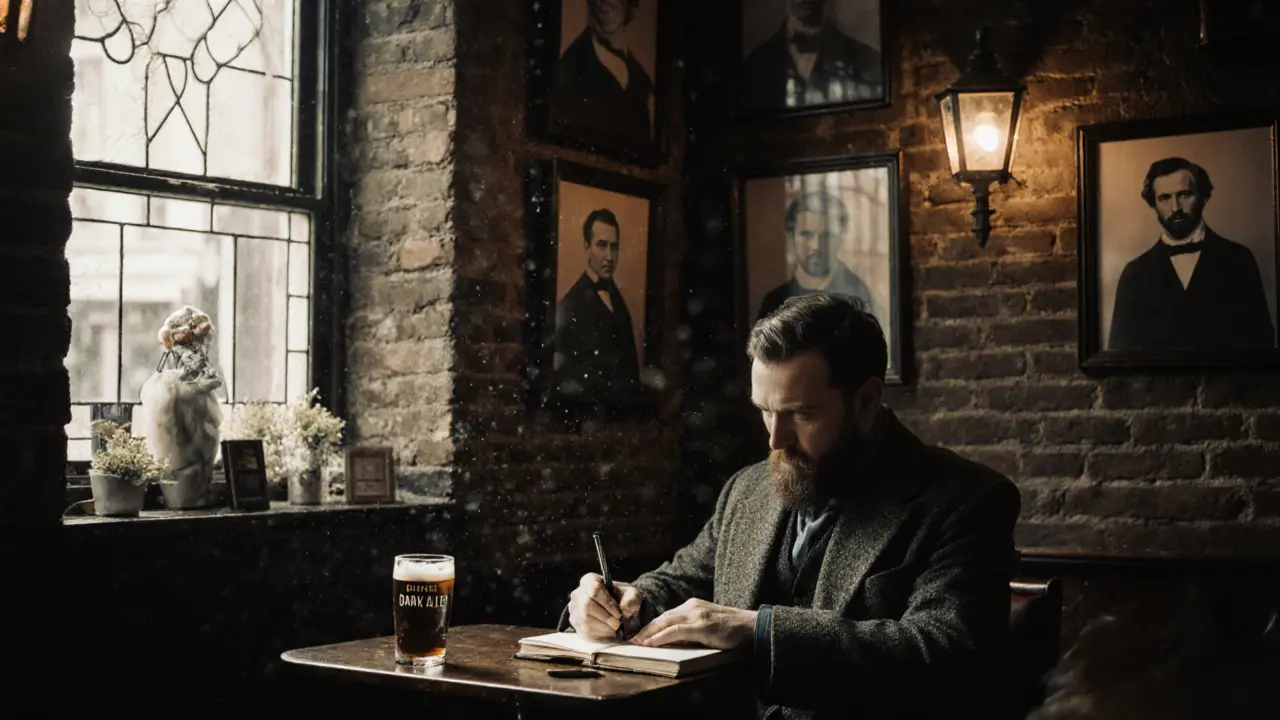 An old London pub with literary portraits, a writer jotting notes beside a pint of ale.
