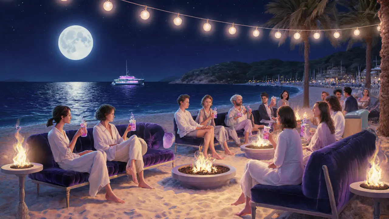 Beach lounge at Plage de la Rascasse at night, fire pits and string lights over velvet couches under moonlit sea.