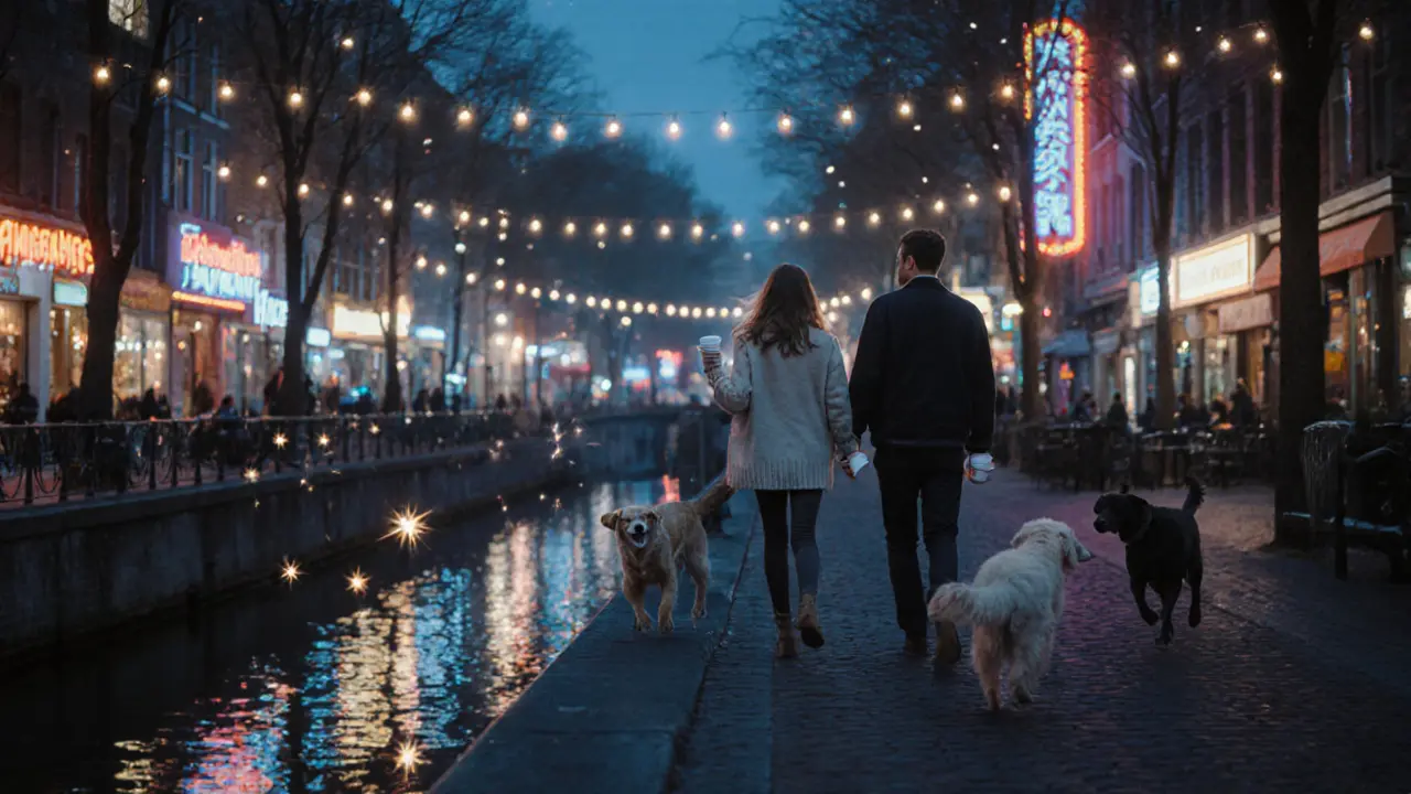 Couple walking at night along the Canal Saint-Martin with fireflies and reflections in the water.