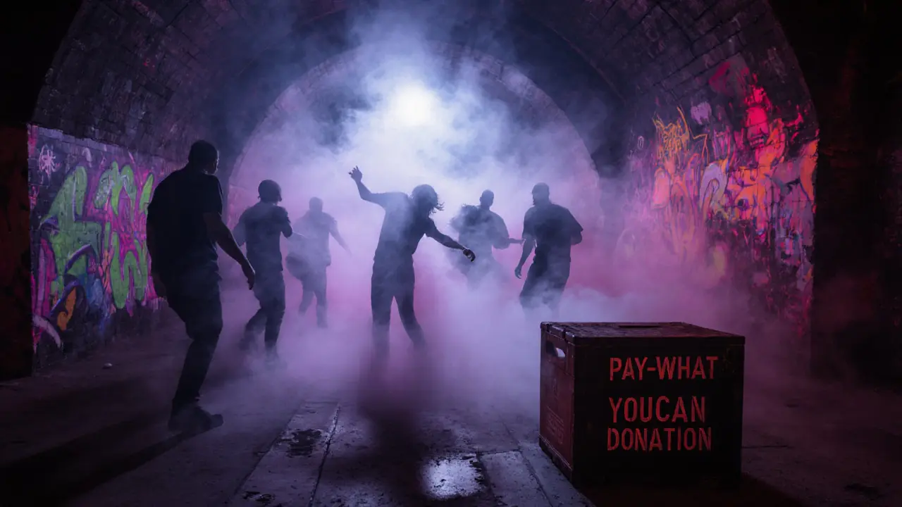 Dark underground club in tunnel with glowing graffiti, smoke, and silhouetted dancers.