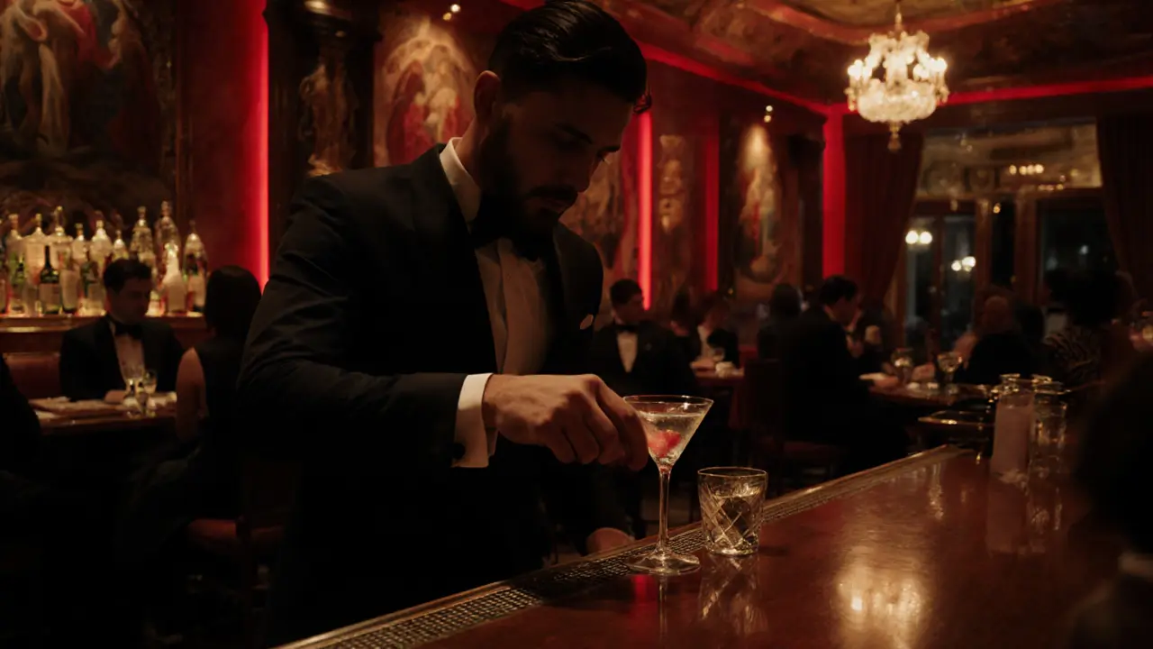 Dimly lit Bar Américain with mixologist pouring a martini, tuxedoed guests in background.