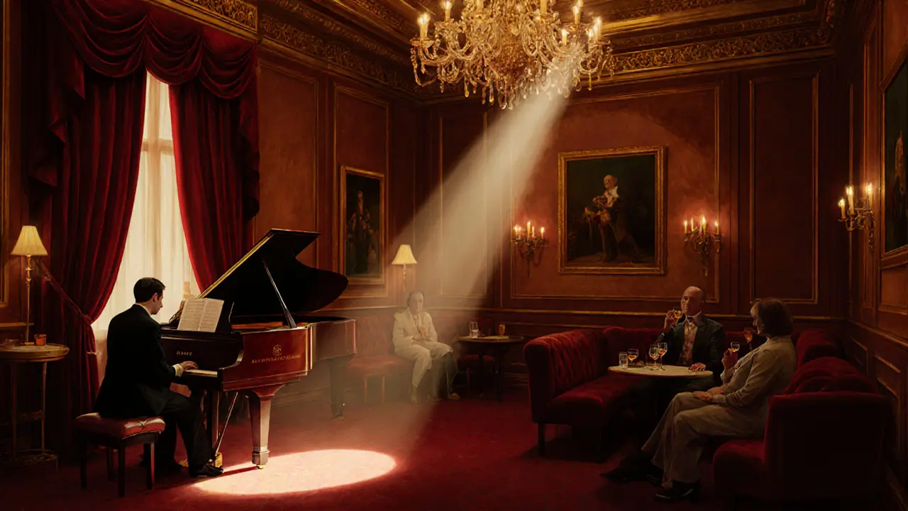 Dimly lit jazz lounge in Monte Carlo Casino with velvet booths and a pianist playing softly under gilded ceilings.