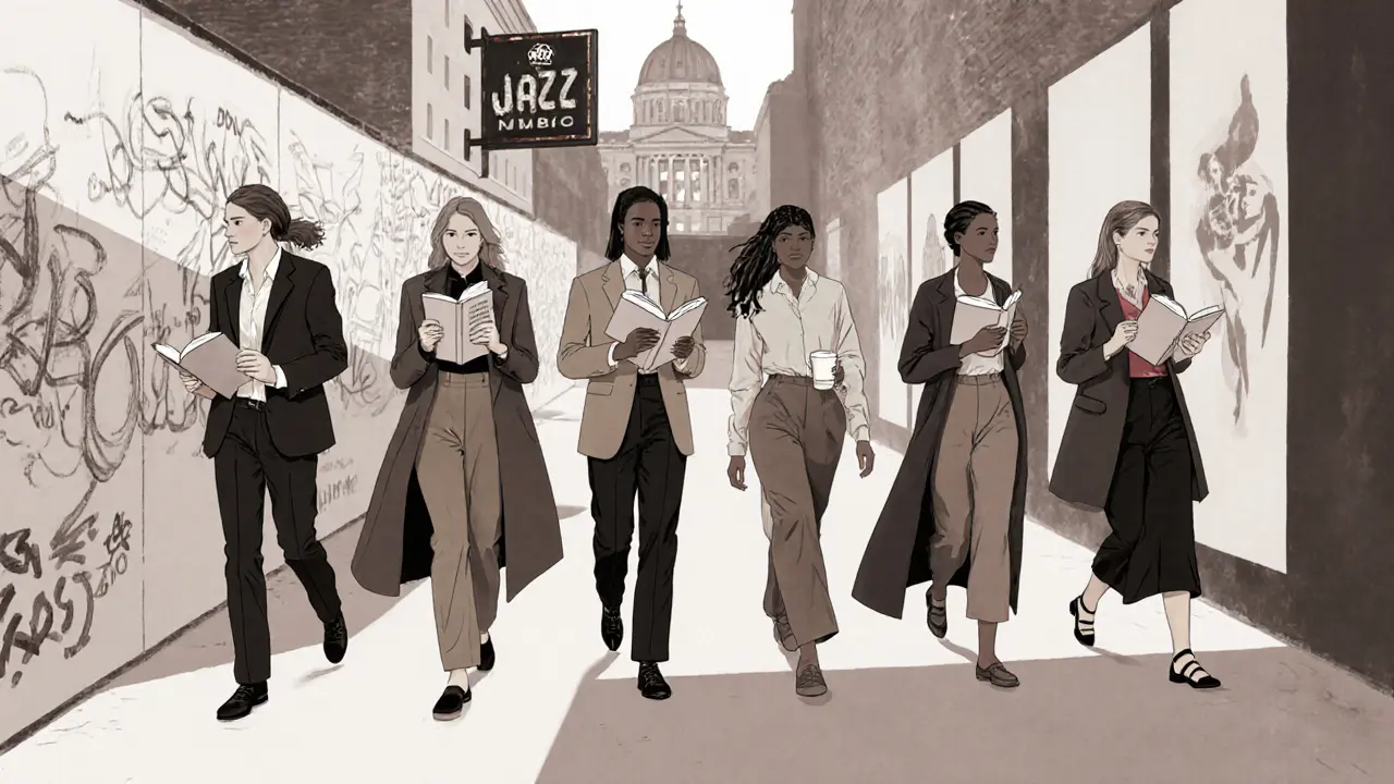 Diverse Berlin escorts walking through an artistic courtyard, each carrying books or art supplies.