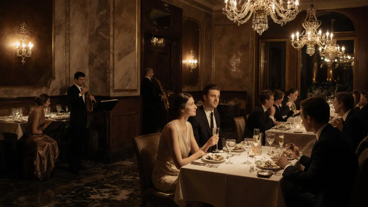 Elegant 1920s-style restaurant at night with couples, champagne, and soft jazz lighting.