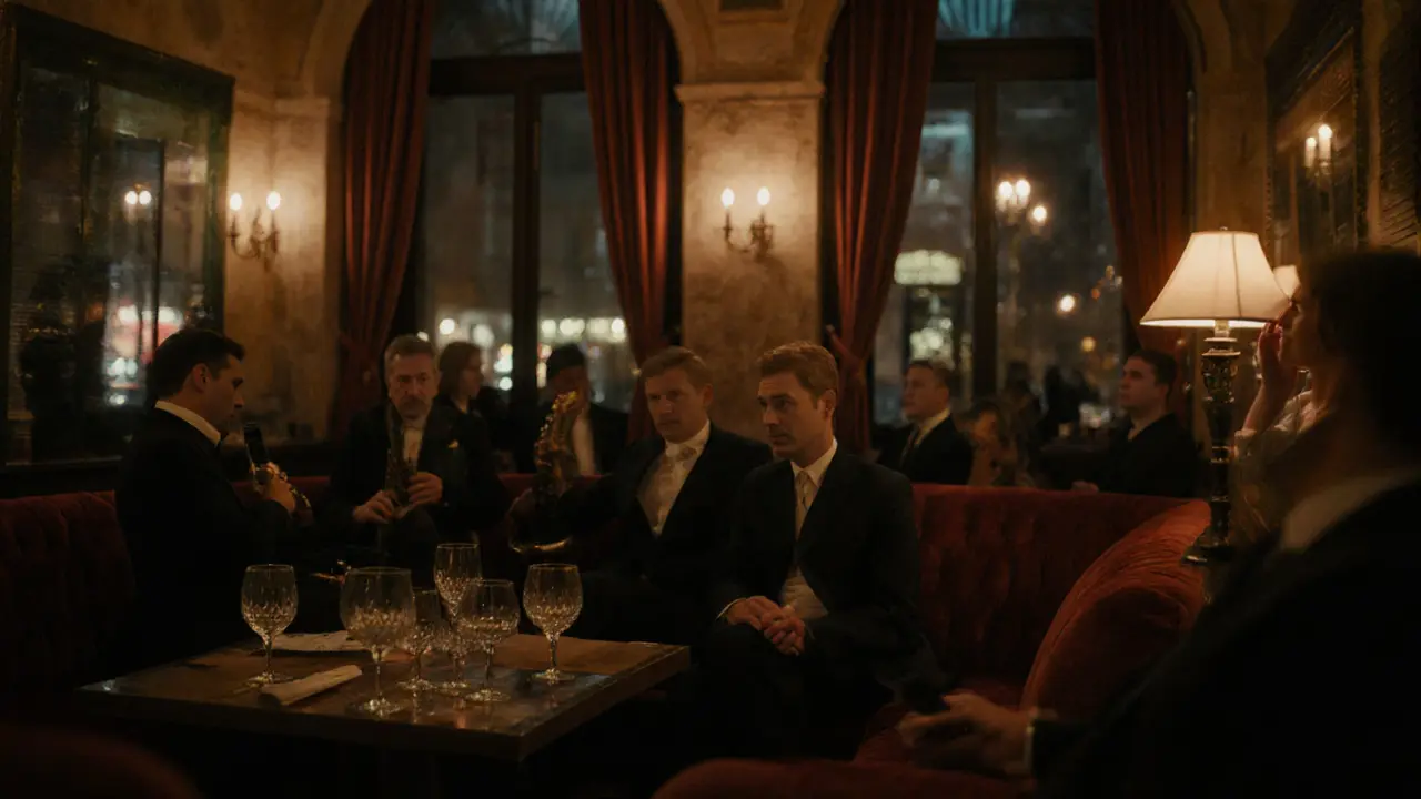 Elegant patrons in a dimly lit Brera bar listening to a jazz trio with velvet couches and crystal glasses.