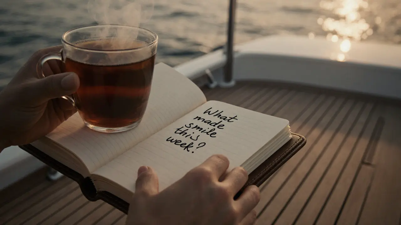 Hands holding tea and a notebook with a thoughtful question written by hand.