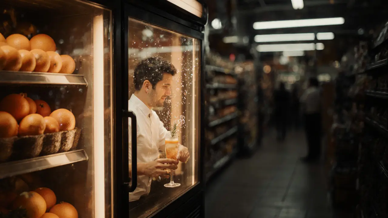 Hidden bar behind a grocery store fridge, bartender mixing a drink in warm amber light amid floating bubbles.