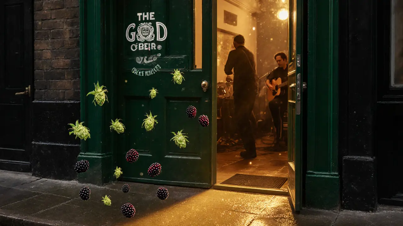 Hidden green door in Brixton leading to a craft beer bar, golden light spilling out with floating hops and berries.