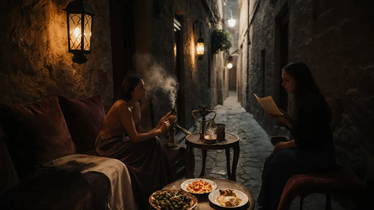 Hookah lounge at night with meze, velvet cushions, and someone reading poetry by lantern light.