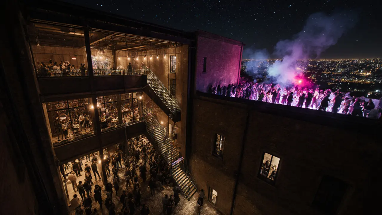 Industrial warehouse club with three lit levels, crowds dancing under pulsing neon and starlit rooftop.